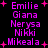 Pixelated text list of names in pink on black background with scattered plus signs, displayed as two identical vertical