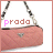 A pink quilted handbag with a silver triangular logo and black-and-silver chain strap, displayed under the word 'prada' in varying color states.