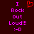 Two identical pixel art images side-by-side on dark red background, each showing pink text "I Rock Out Loud!!! :-D" with a red heart symbol above the first "I".