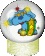 Four circular snowglobe-style icons with a blue creature holding yellow stars, each showing different star positions and one red spark.