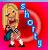Pixelated image of a blonde woman in a checkered top and dark skirt against red background with blue geometric shapes.