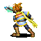 Pixelated character in blue and yellow armor holding a sword with green blade, standing on gray background.