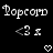 Pixelated text and symbols on a black background with two heart shapes at the bottom. The word 'Popcord' appears twice in stylized font above '<3 x' characters, which are repeated side-by-side.