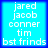 Four identical blue square arranged in a , each containing white pixelated text listing names and "bst frinds" on a light blue background