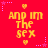 Red background with yellow pixelated text reading "AND IM THE SEX" surrounded by small pink stars and hearts.