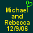 Pixelated yellow text on dark teal background reads 'Michael and Rebecca 12/9/06' with a green heart-shaped pixel art icon above the letter 'l' in Michael.