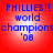 Red circular background with blue text reading 'PHILLIES!! world champions '08' in pixelated font across four identical