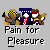 Pixel art of three figures with distinct attire and accessories above pixelated text reading 'Pain for Pleasure' on a gray background.