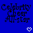 Blue background with black text reading "Celebrity Cheer All-star" and white pixelated symbols changing between heart, downward arrow, and dot.