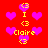Red background with pink heart shapes and yellow text elements including 'I', '<3', and 'Claire' arranged in a repeating pattern.