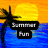 Pixelated beach scene with palm tree and sunset over water, next to blue text on purple background reading 'with the Los Vegas Chps'
