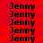 Red background with repeated black text 'Jenny' in two , each containing six instances of the name