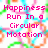 Pixelated text reads 'Happiness Run In a Circular Motation' in bright pink over a blurred multicolored background with green, blue, orange, and pink hues.