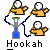 Pixel art icon featuring a hookah with blue liquid, connected to three figures in yellow outfits holding golden objects.