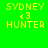 Pixelated text displays 'SYDNEY' above '43' and 'HUNTER' on a bright green background with light blue horizontal bars.