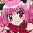 Pixelated anime-style character with pink hair, large black eyes with white highlights, and a red outfit against a pink background.