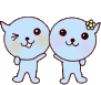 Two light blue cartoon characters in three poses: standing side-by-side, kissing with pink text and heart, and pink versions with Japanese text above.