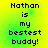 Pixelated text on a gradient background reads "Nathan is my bestest buddy!" in four identical