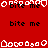 Red background with repeated 'bite me' text and white pixelated shapes resembling hearts or abstract forms, some of which animate to reveal black text.