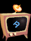 Retro television set with pink and beige casing, black screen displaying blue musical note on left frame, orange play button and yellow number 3 on right frame, antenna atop.