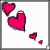 Pixelated pink hearts of varying sizes float against a white background with gray border.