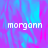 Pixelated text 'morgann' appears in white on a shifting blue-pink gradient background with a gray rectangular overlay on the right.