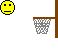 Animated contact sheet of a yellow smiley face interacting with basketball hoops across 25 sampled frames on gray background