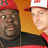 Two pixelated figures wearing red and white caps stand side-by-side against an orange background, one with a red cap and dark clothing, the other with a white cap and red shirt.