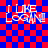 Red and blue checkered background with white text reading "I LIKE LOGAN!" in four quadrants, each showing a different pixelated animation frame.