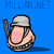 Pixelated character with pink cheeks and gray helmet saluting on blue background, then turning to face right.