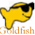 A yellow cartoon goldfish wearing black sunglasses with a smiling expression, positioned above text reading "Goldfish the snack that smiles back" on a white background.
