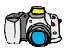 Four pixelated camera icons arranged in a , each with white bodies, blue lenses, and yellow top , with varying button colors and one icon showing a flash effect