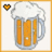 Pixelated image of a beer mug with foam, orange liquid, and a small heart icon in the top-left corner on white background.