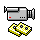 Pixel art of a silver video camera with red indicator light and three dots, paired with yellow-and-white checkered gloves on gray background.