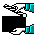 Pixelated animation of a black rectangular shape with cyan and white elements shifting position across frames.