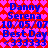 Pixelated text and symbols on a red-and-pink patterned background with blue lettering.