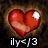 A pixelated red heart with a white highlight on the right side, set against a dark brown gradient background, with white text below reading 'ily<3' in a blocky font.