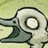 A cartoon bird head with a large beak and single circular eye, rendered in muted tones against a light green background.