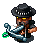 Pixel art character in black hat and dark clothing holding large silver anchor with green accents, displayed in of animated frames showing subtle pose shifts
