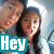 Two people in a selfie pose with text overlays changing across frames, showing 'Hey', 'Loser!', and '<3' on teal backgrounds.