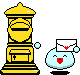 Pixel art of a yellow mailbox with a light blue cloud-like figure holding a white envelope with a red heart, in two states: one with a small blue bubble and one without.