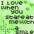 Green pixelated background with black text reading "I Love When You Stare at Me With a Smile" and small green heart symbols scattered throughout.