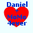 Four identical pixelated red heart icons with blue text reading "Daniel + MoMo 4ever" arranged in a two-by-two on white background