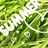 Green grass background with repeated white text 'SUMMER' and small white heart shapes, static image.