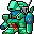 Pixelated green mecha with blue shoulder accents and red details fires an orange explosion, followed by smoke and debris on gray background.
