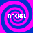 Four identical spiral patterns in blue and pink with the text RACHEL overlaid on each, arranged in a
