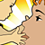 A pixelated cartoon character with a large white mouth, yellow and orange gradient hair, black eyes, and brown skin on a beige background.