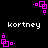 A 4-frame animated contact sheet showing a pixelated pink square icon with small dots and squares in various positions, paired with the text 'kortney' on a black background.