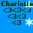 Blue background with dark green text reading "Charlotte" and repeated "<3" symbols, featuring white snowflake graphics in multiple positions across the frame.
