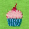 Pixelated cupcake icon with pink frosting, red sprinkles, a single red cherry on top, and a blue striped wrapper against a green background.